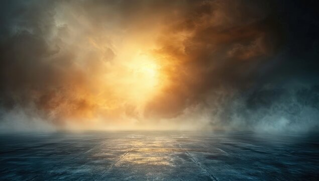 Dramatic Dark Background With Empty Floor and Light Blue Orange Sky