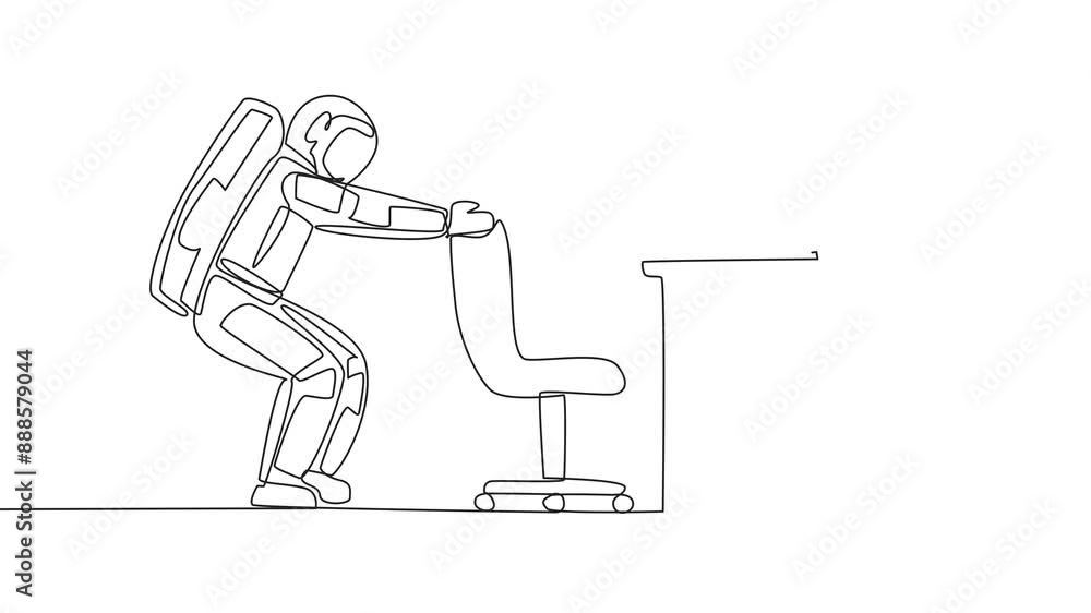 Poster animated self drawing of single continuous line drawing astronaut stands with a slight bend and both