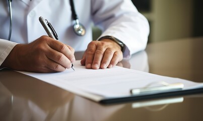 Close up of a doctor writing medical paperwork on a desk in their office, with copy space for text. Professional photography, high resolution, Doctor writing, medical paperwork, office, close up, hand