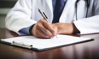 Close up of a doctor writing medical paperwork on a desk in their office, with copy space for text. Professional photography, high resolution, Doctor writing, medical paperwork, office, close up, hand