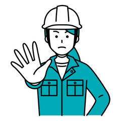 右手を前に出して拒否する作業員の女性