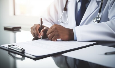 Close up of a doctor writing medical paperwork on a desk in their office, with copy space for text. Professional photography, high resolution, Doctor writing, medical paperwork, office, close up, hand