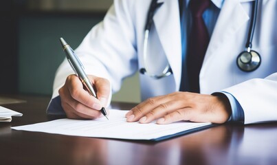 Close up of a doctor writing medical paperwork on a desk in their office, with copy space for text. Professional photography, high resolution, Doctor writing, medical paperwork, office, close up, hand
