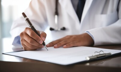 Close up of a doctor writing medical paperwork on a desk in their office, with copy space for text. Professional photography, high resolution, Doctor writing, medical paperwork, office, close up, hand