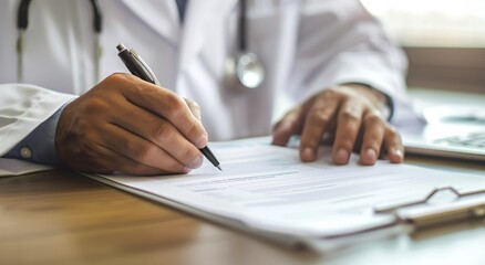 Close up of a doctor writing medical paperwork on a desk in their office, with copy space for text. Professional photography, high resolution, Doctor writing, medical paperwork, office, close up, hand