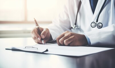Close up of a doctor writing medical paperwork on a desk in their office, with copy space for text. Professional photography, high resolution, Doctor writing, medical paperwork, office, close up, hand
