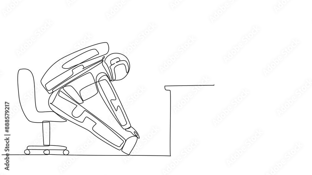 Poster animation of single continuous line drawing astronaut sitting in work chair with legs straightened. 