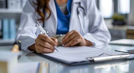 Close up of a doctor writing medical paperwork on a desk in their office, with copy space for text. Professional photography, high resolution, Doctor writing, medical paperwork, office, close up, hand