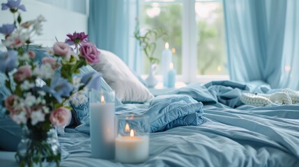 Cozy light blue bedroom with flowers and candles, pillows, duvet and duvet cover on the bed. Blue sheets on a blue sofa Bedroom with bed and bedding