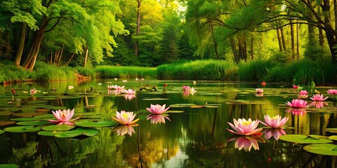 Tranquil forest scene with blooming water lilies , nature, forest, pond, water lilies, blooming, serene, peaceful, tranquil