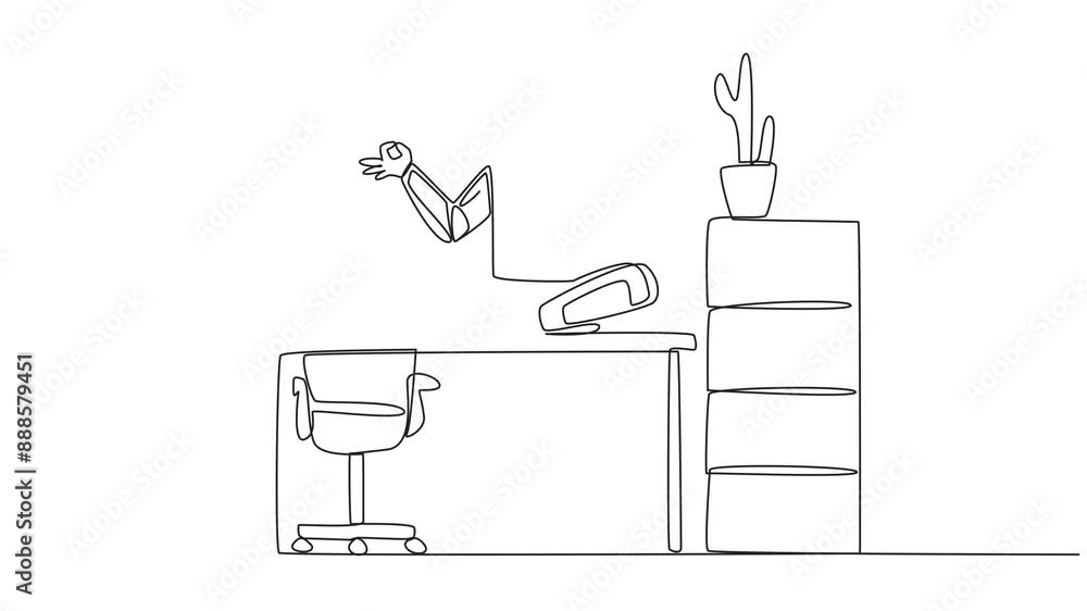 Poster self drawing animation of continuous one line drawing astronaut sitting cross-legged on a work desk.