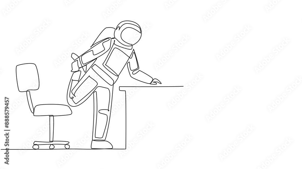 Poster animation of a single one line drawing astronaut standing with one leg raised and his hand typing on