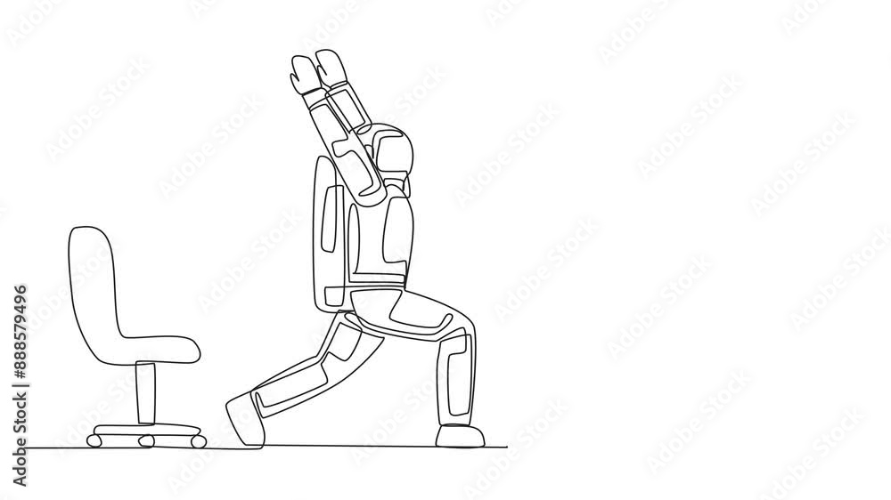 Poster animated self drawing of single continuous line drawing astronaut stands with both hands raised and 