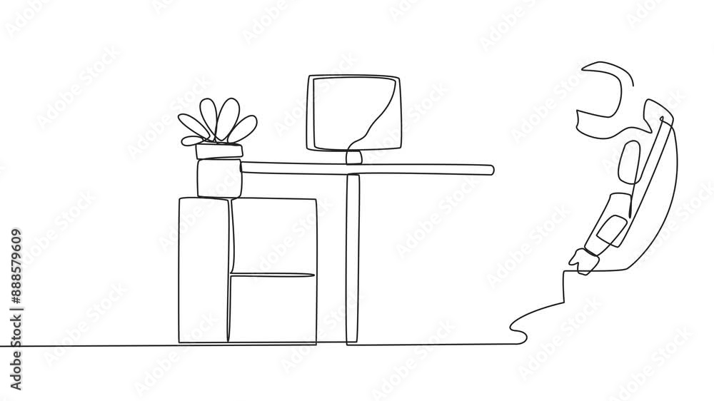 Poster self drawing animation of continuous one line drawing astronaut sits in work chair with one of legs 
