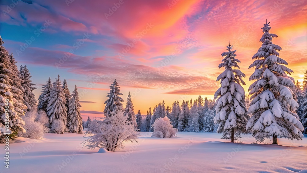 Sticker Winter landscape with snow-covered trees and a pink sunset in the background, winter, landscape, nature, snow, sunset, trees, pink, cold