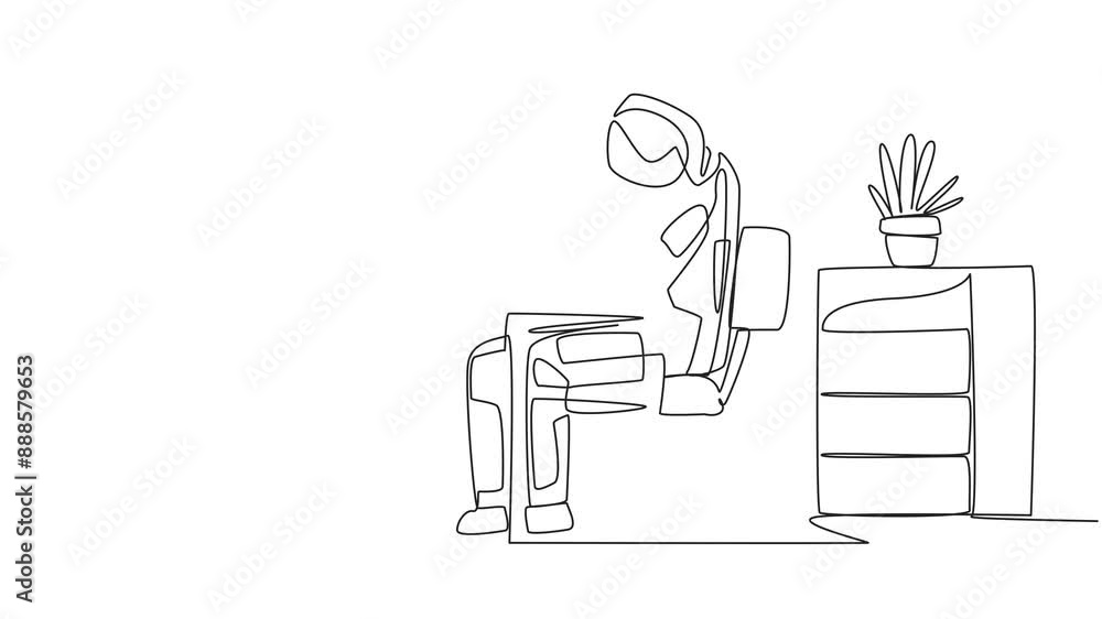 Poster animated self drawing of continuous one line drawing astronaut sitting in work chair typing on a lap