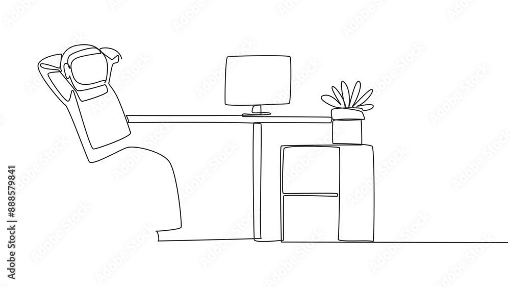 Poster self drawing animation of single one line drawing relaxed astronaut sitting in a work chair with his