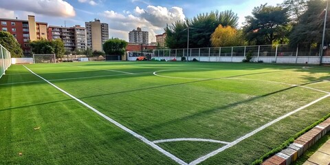 A soccer field with green grass and white markings , Sports, Soccer, Football, Field, Game, Competition, Team, Players, Goal