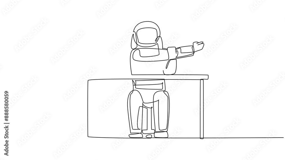 Aufkleber animation of continuous one line drawing astronaut sitting in a work chair with his arms crossed. wa