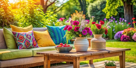 Cozy outdoor seating area with colorful pillows and a vase of flowers , outdoor, seating, cozy, colorful, pillows, vase