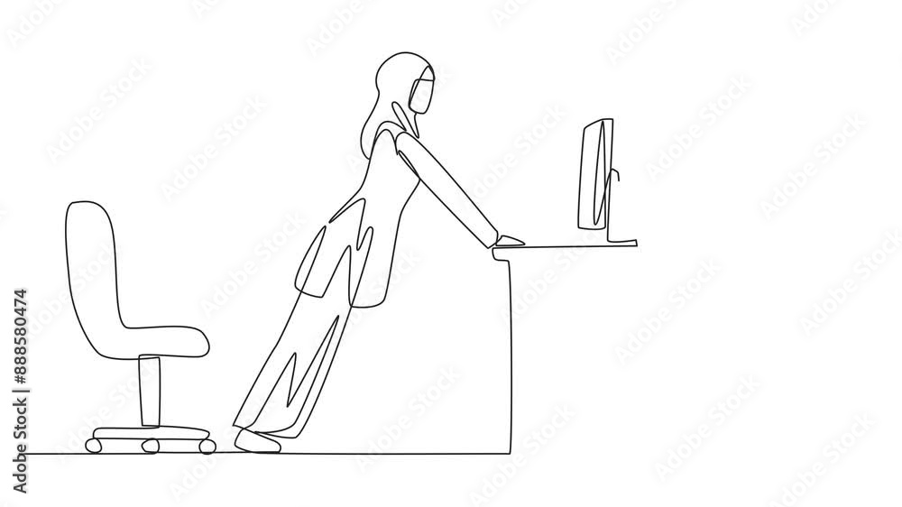 Poster animated self drawing of single one line drawing arabian woman doing push up movements by holding ed