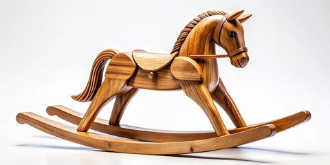 Handcrafted wooden rocking horse on white background, vintage, toy, childhood, nostalgia, craftsmanship, handmade, traditional