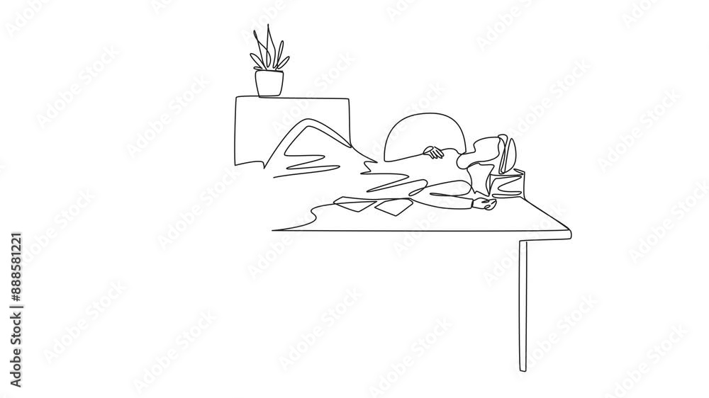 Poster self drawing animation of single continuous line drawing arabian man fell asleep on the table with a