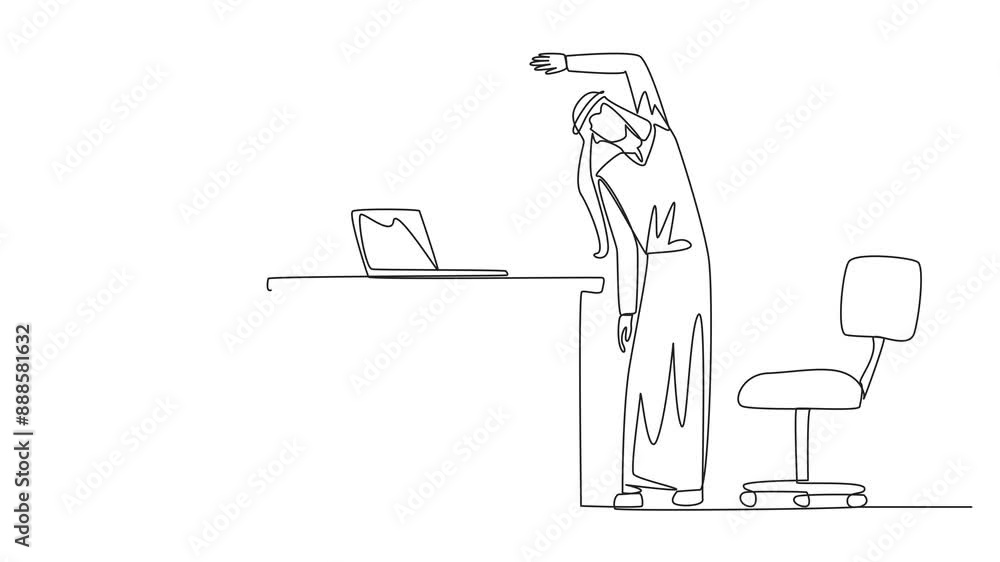 Poster self drawing animation of single one line drawing arabian man stands while raising one hand and tilt