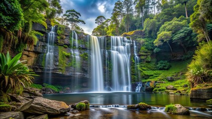 Fototapeta premium Beautiful waterfall surrounded by lush greenery and rocky cliffs in Tasmania , Nelson Falls, Derwent Bridge, Tasmania, Australia