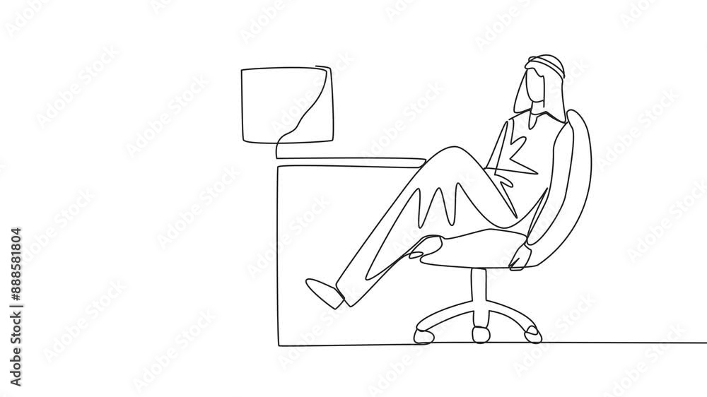 Aufkleber animation of single continuous line drawing arab man sits in work chair with one of legs raised and 