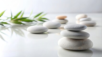 Fototapeta premium Tranquil arrangement of zen stones with soft lighting on white background, serene, harmony, balance, meditation, relaxation