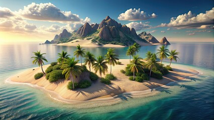 isometric render of a desert island with mountains, palm trees, and sandy beaches, isometric, render, landscape, island, mountains