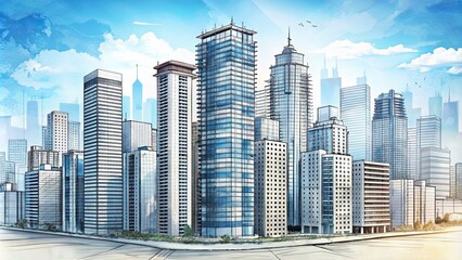 Fototapeta premium Sketch of high-rise buildings and dense urban development, sketch, multi-storey, buildings, building density