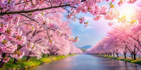 Beautiful scene of cherry blossoms in full bloom, sakura, pink flowers, spring, nature, blooming, trees, petals, garden