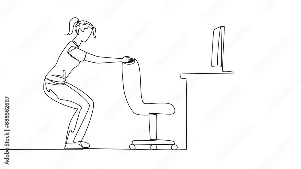 Poster self drawing animation of single continuous line drawing woman stands with a slight bend and both ha