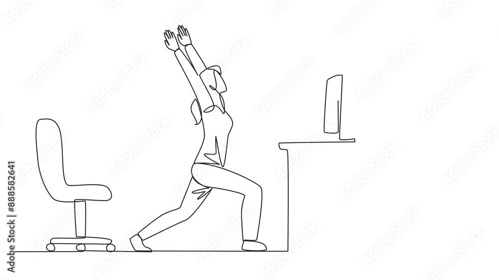 Aufkleber animated self drawing of a single one line drawing woman standing with both hands raised and legs st