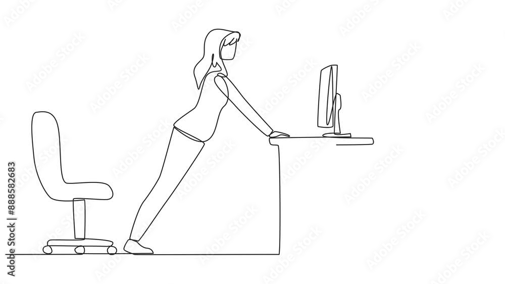 Poster animation of continuous one line drawing woman do push up movements by holding edge of the work tabl