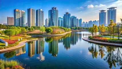 Obraz premium Beautiful urban park with a lake and modern architecture in Incheon, South Korea, Songdo Central Park, Incheon, Korea, urban