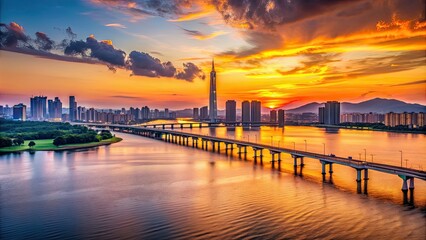 Fototapeta premium Twilight sunset over the Han River in Seoul, Korea , Seoul, South Korea, Han River, sunset, twilight, cityscape, urban, skyline