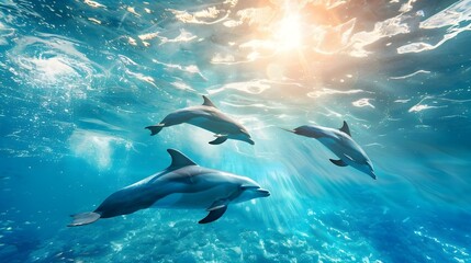 Obraz premium Dolphins swimming underwater in the ocean on a sunny day