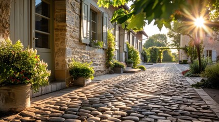 Obraz premium A centuriesold farmhouse with cobblestone pathways and lush gardens, historical scenery, timeless rural beauty