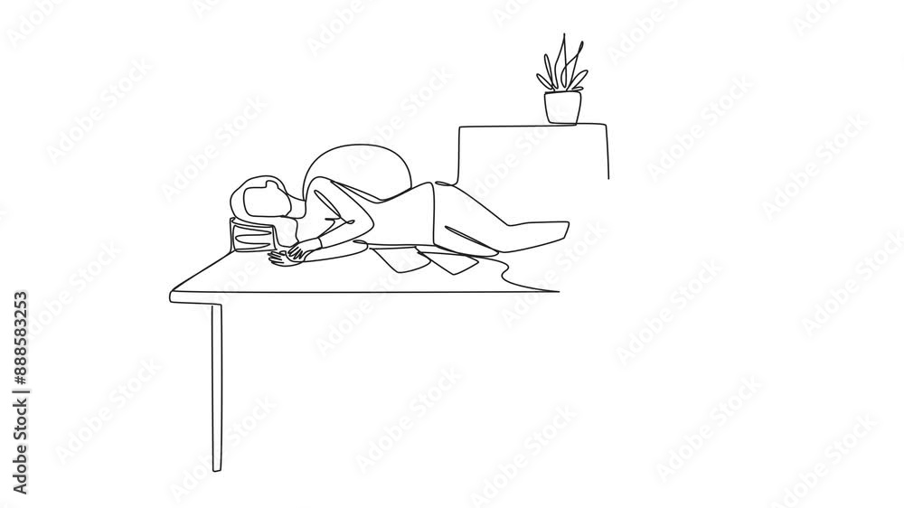 Poster self drawing animation of single continuous line drawing woman fell asleep on the table with a pillo
