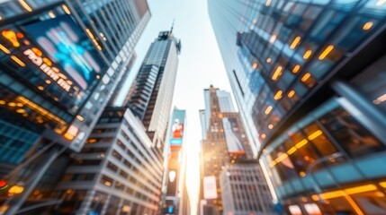 Towering highrise with digital billboards announcing a global product launch, commercial event, technological advancement