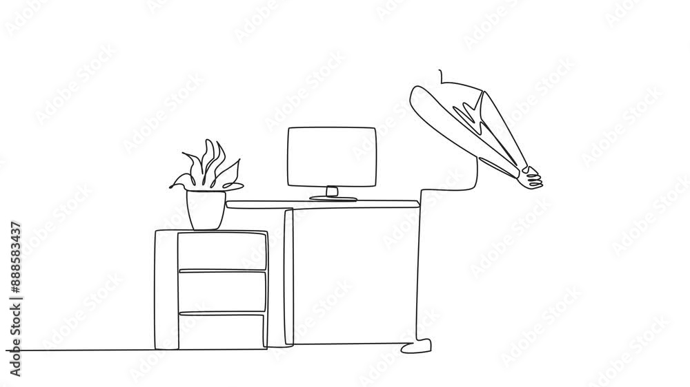 Poster self drawing animation of single continuous line drawing man stands with his hands behind his back. 