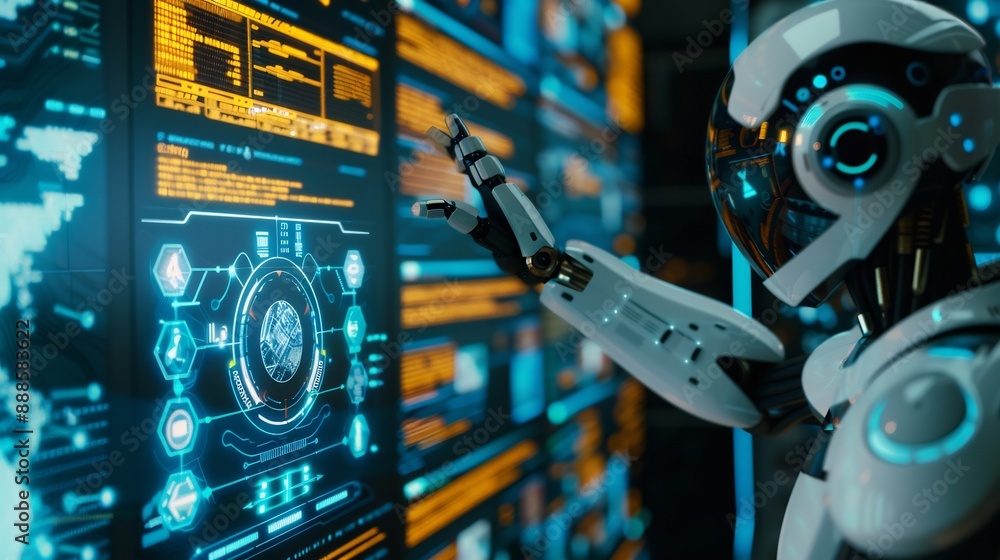 Poster humanoid robot interacting with futuristic interface
