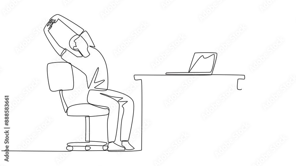 Poster animation of continuous one line drawing man sitting in a work chair while raising both hands. stret