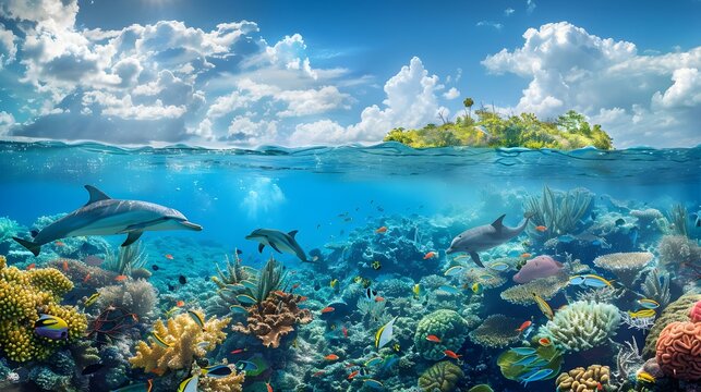 Above and below surface of the Caribbean sea with coral reef