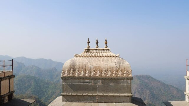 isolated ancient fort dome with bright blue sky at morning video is taken at Kumbhal fort kumbhalgarh rajasthan india.
