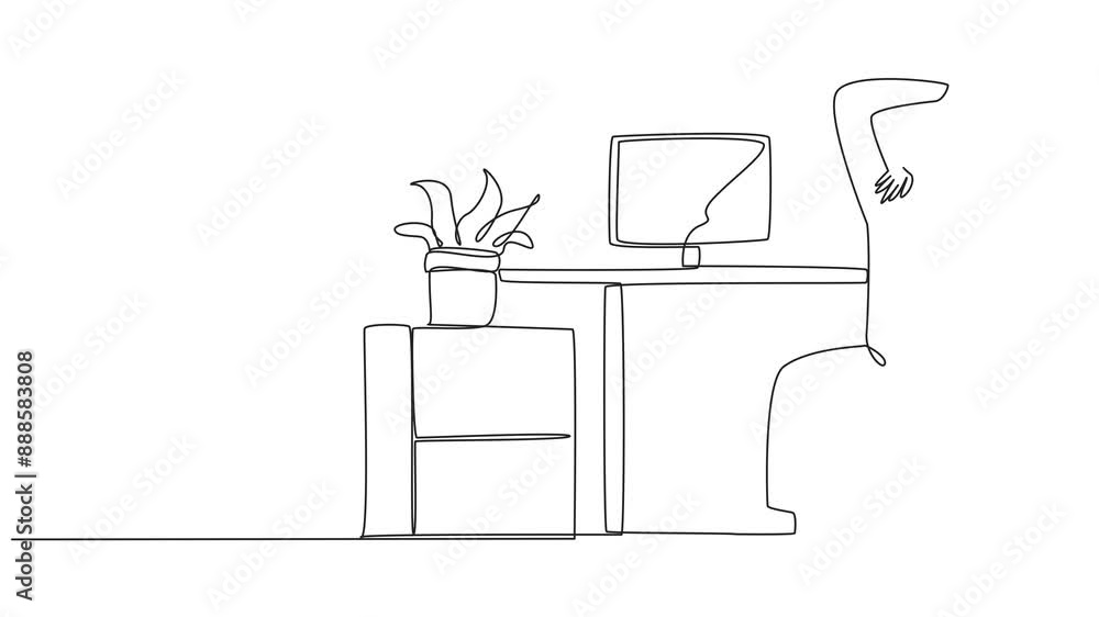 Poster animation of single continuous line drawing man sitting in a work chair warming up his hands above h