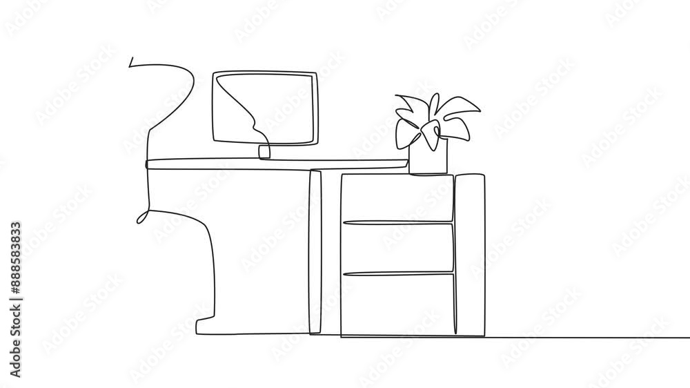 Poster animated self drawing of single one line drawing man sitting in chair with his hands holding the bac